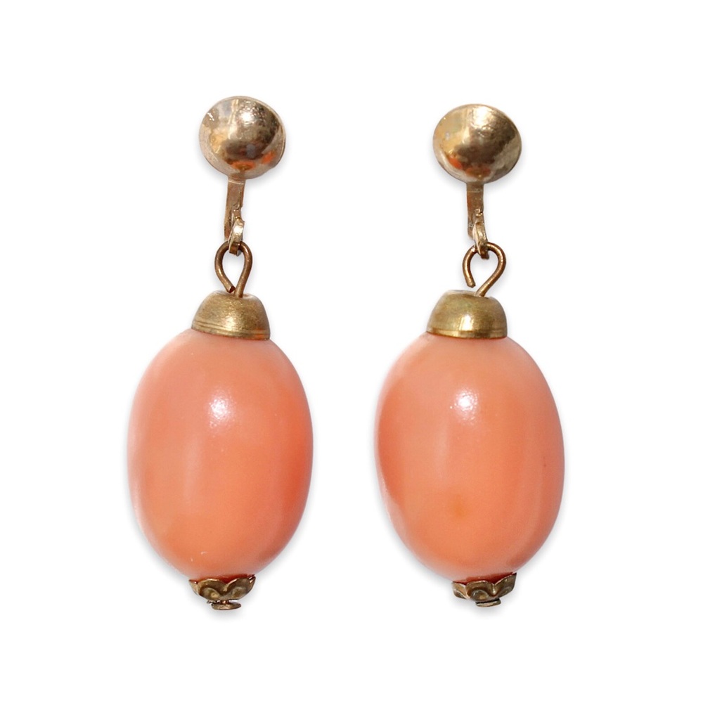 Vintage Early Plastic Faux Coral Screw Back Dangle Earrings Large Oval Bead Drop